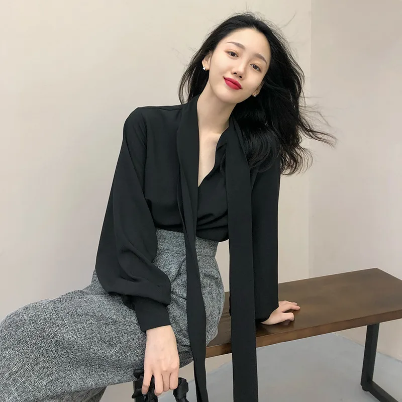 

Black Chiffon Blouse Women Spring Lantern Sleeve Sexy Lace Up Vintage Korean Shirts Plus Size Harajuku Casual Tops Loose A424