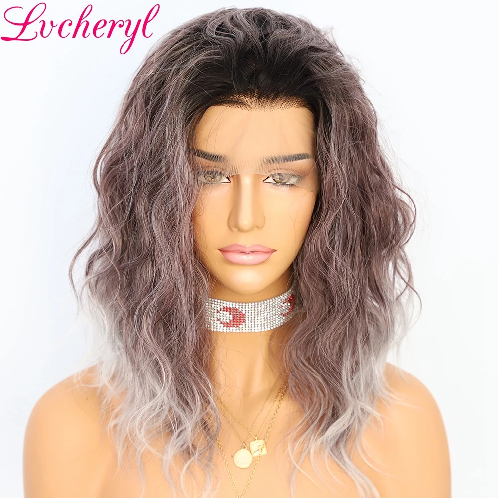 Lvcheryl 13X3 красочные волосы парики с темными корнями до Омбре фиолетовые серыми