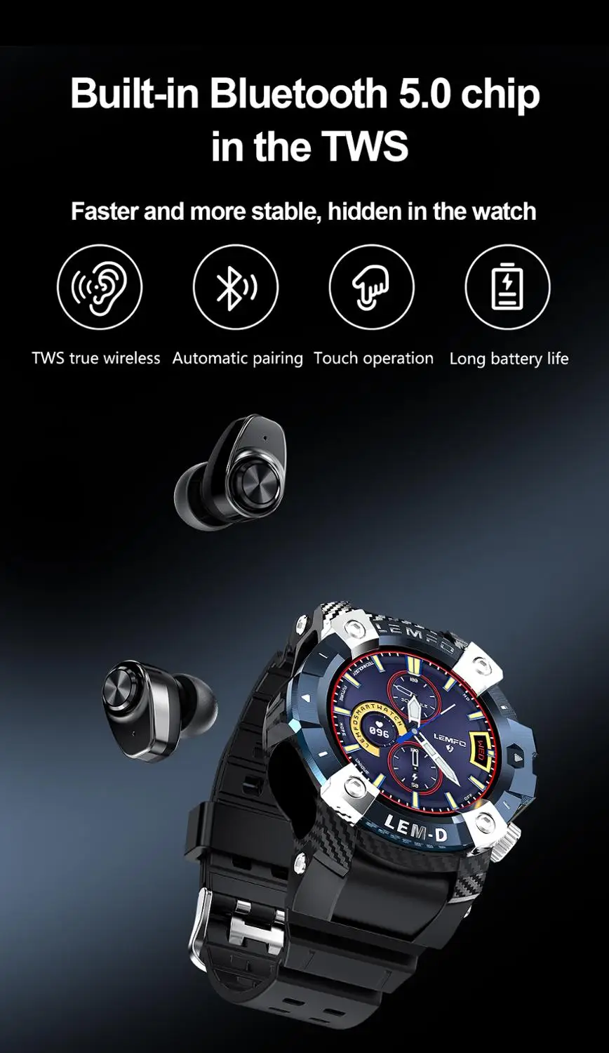 Умные часы LEMD TWS Bluetooth 5 0 наушники 2 в 1 HD 360*360 дисплей спортивные Смарт мужской