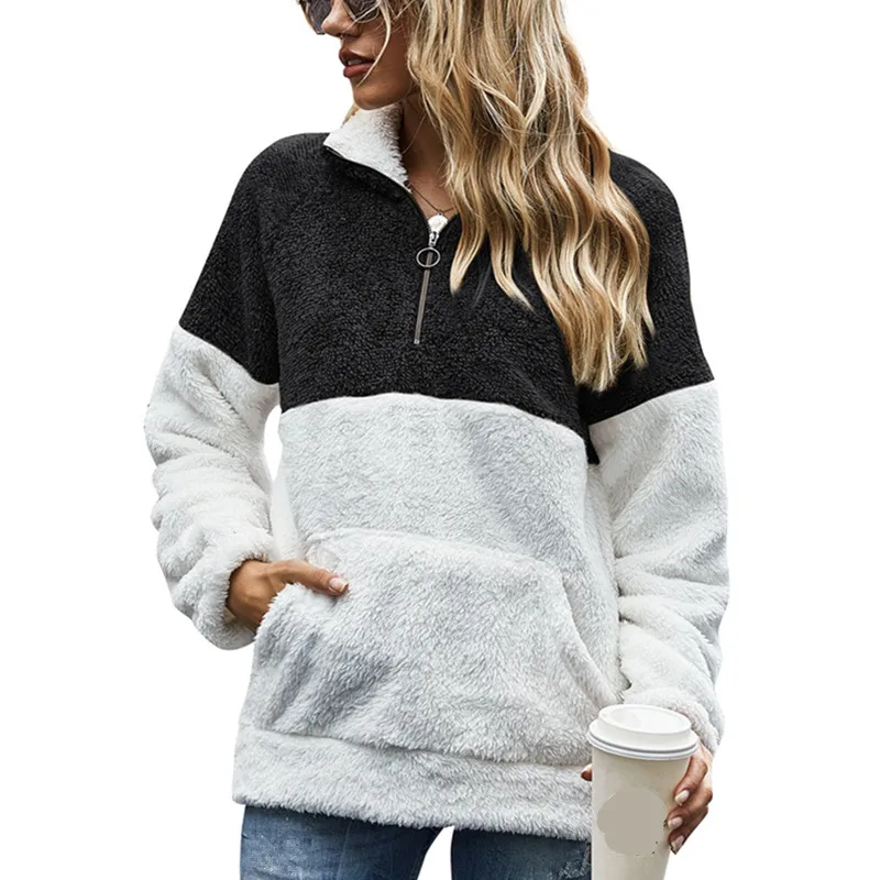 

OLOMLB 2021 Winter Zipper Pocket Plush Top Long Sleeve Women Sweatshirt Female Pullovers Tie Dye Leopard Patchwork Turtle Neck
