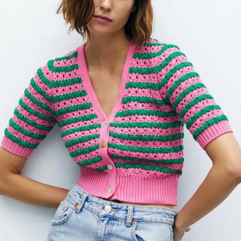 

Spring Autunm ZA Women Hollow Out knitted Sweater Striped Half Sleeve Loose Vintage Short Sweater V-neck Tops Lady Outwear