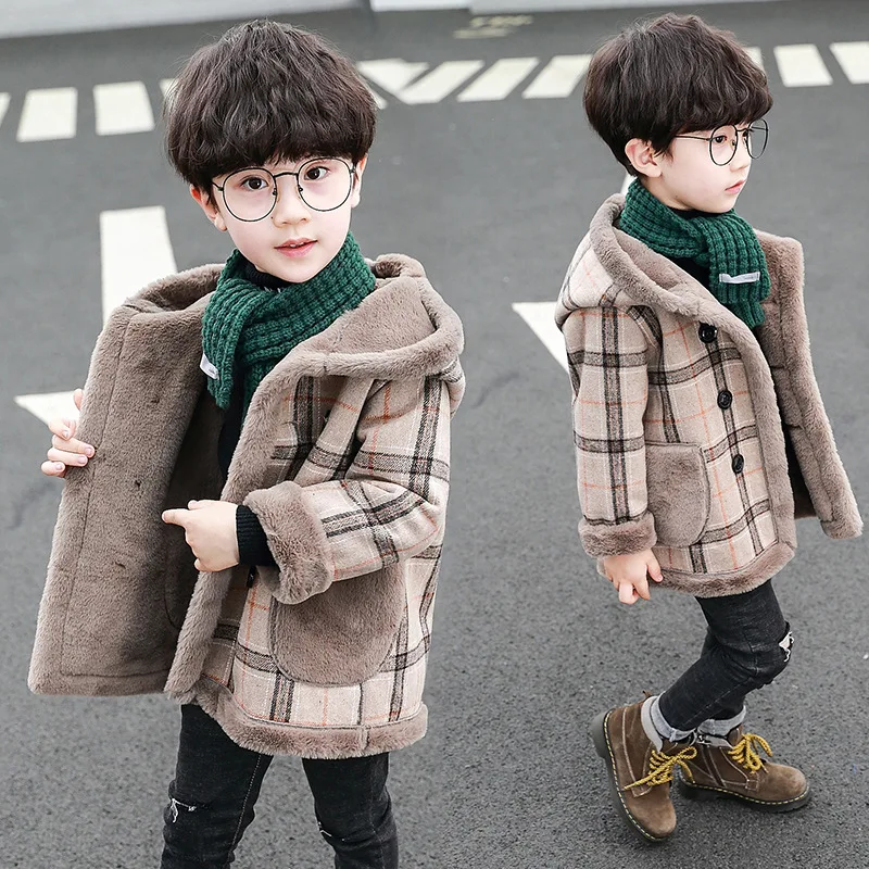 Детское шерстяное пальто для мальчиков теплая клетчатая куртка на осень и