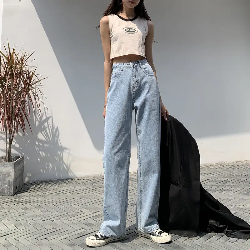 

Wide leg jeans women's straight tube loose show thin high waist summer new light color fat mm vertical feeling elegant style mop