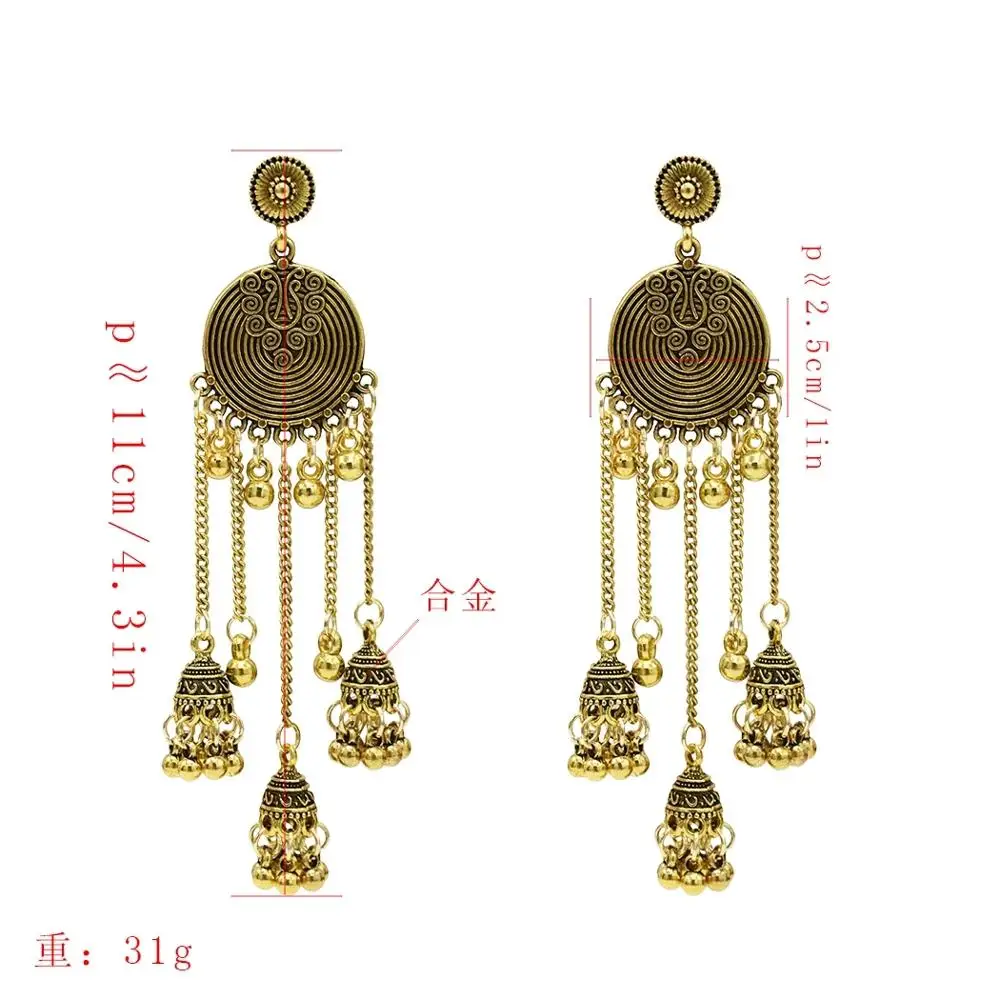 

Boho Style Women Indian Jhumka Earrings 2020 Gold Sliver Metal Big Bells Dangle Long Tassel Earring Ladies Gypsy Jewelry