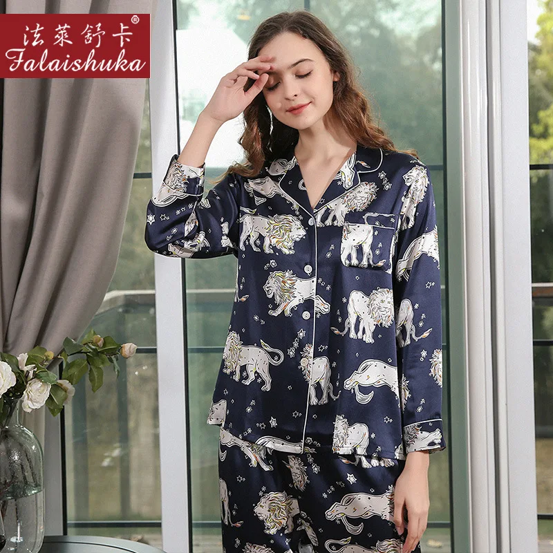 19 momme 100% genuine silk pajamas sets women sleepwear Korean Elegant black fashion lion pure silk womens pyjamas T8255