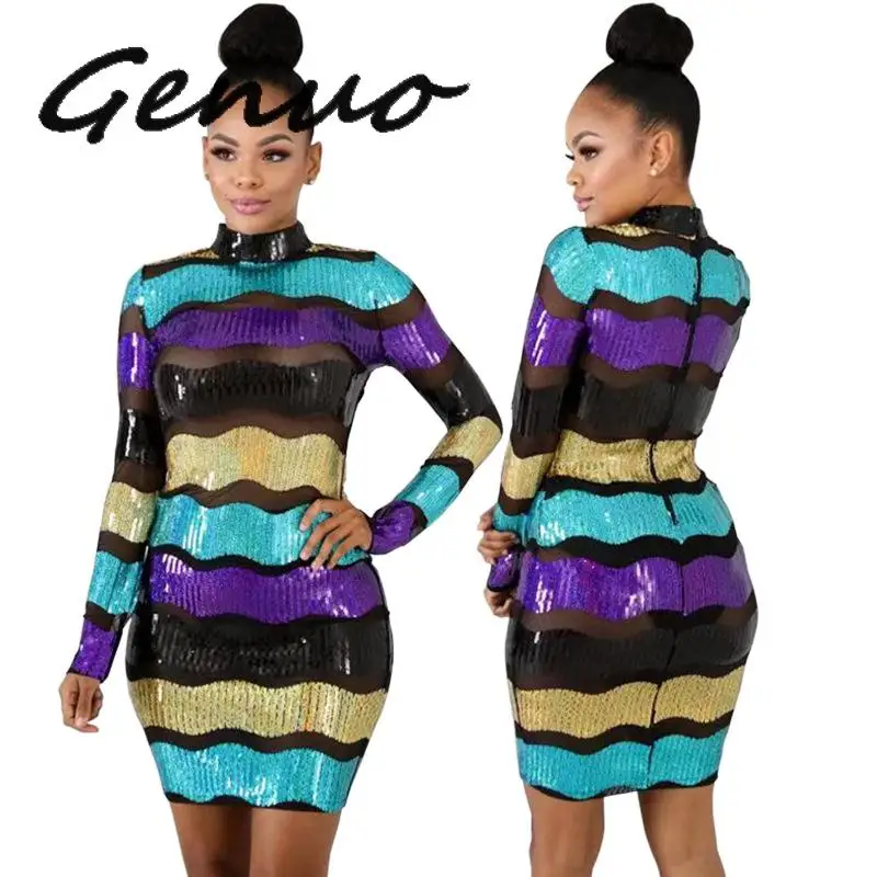 Genuo Новинка 2019 цветное Полосатое платье с блестками из прозрачной сетки