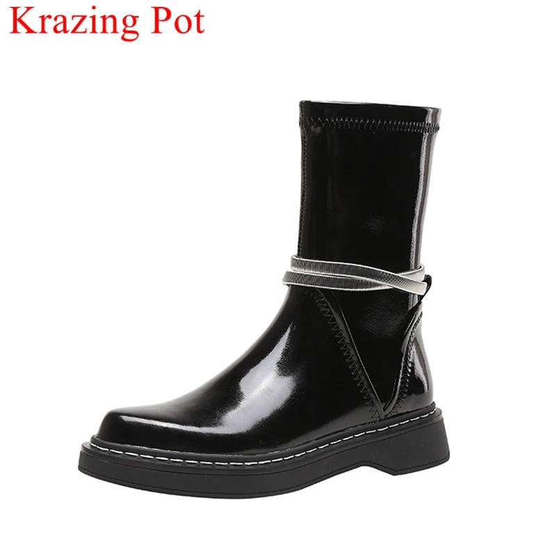 

Krazing Pot patent leather zipper round toe Chelsea boots med heels casual warm winter shoes preppy style classics ankle boots