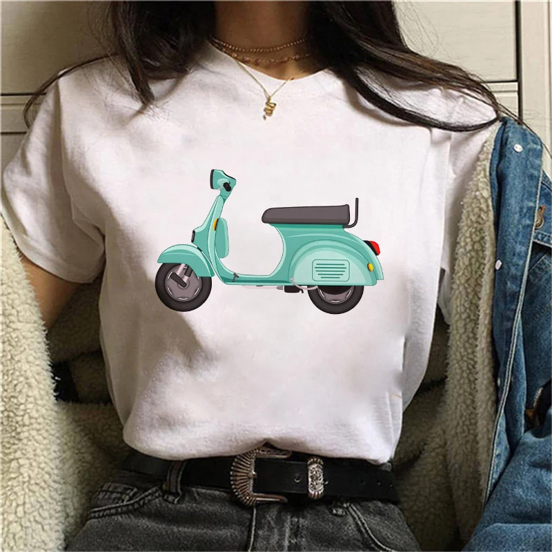 

Women summer Motor printing o-neck t-shirt Vogue T-shirt ladies summer casual T-shirt Simple summer hot selling clothing