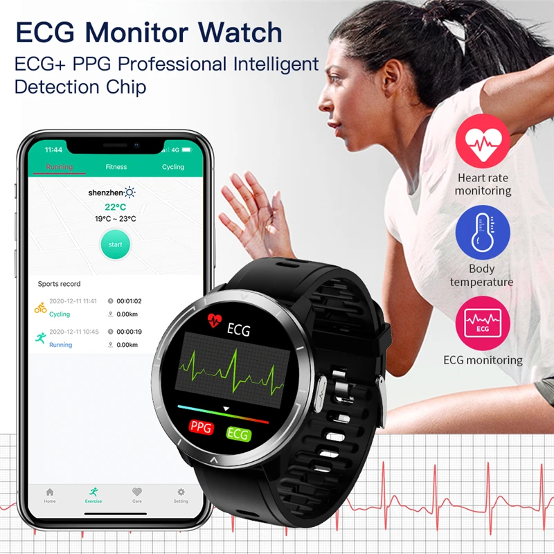 

2021 NEW Smart Watch Men Women Heart Rate Monitor IP67 Weather Temperature Monitor AI Report PPG+ECG Fitness Tracker Smartwatch