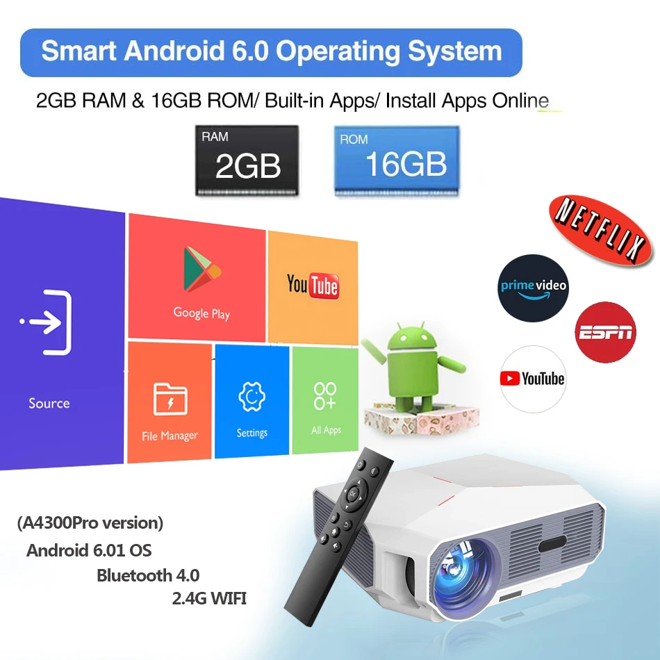 TRANSJEE 4K мини проектор для смартфона светодиодный Full Hd Android 6 01 OS телефон 3800 люмен