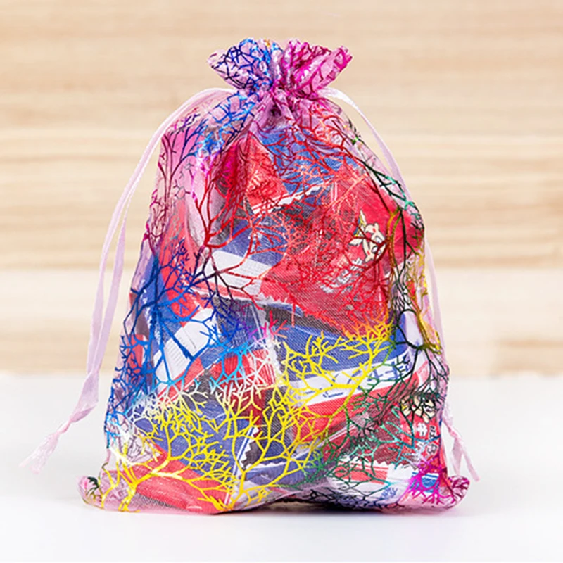 

Новинка 100 шт./лот красочные сумки из органзы коралловый узор сумки для упаковки ювелирных изделий свадебные подарочные пакеты на шнурке 7*9 ...