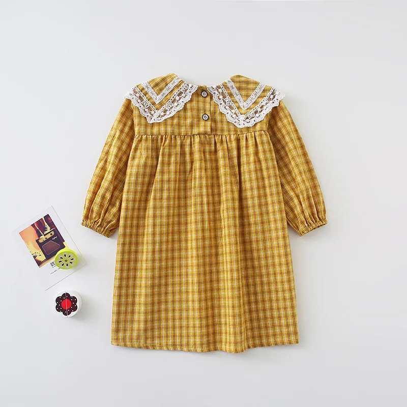 Baby Girls Plaid Dress Korean Style Autumn New Chic Children Princess Dresses Lace Collar Robe Toddlers Kids Clothes