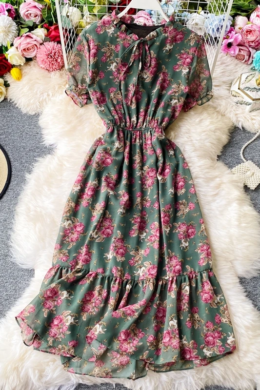 

Summer women's Chiffon short sleeve MIDI dress Korean women's o-neck ruffles slim elastic waist casual dress streetwear dress