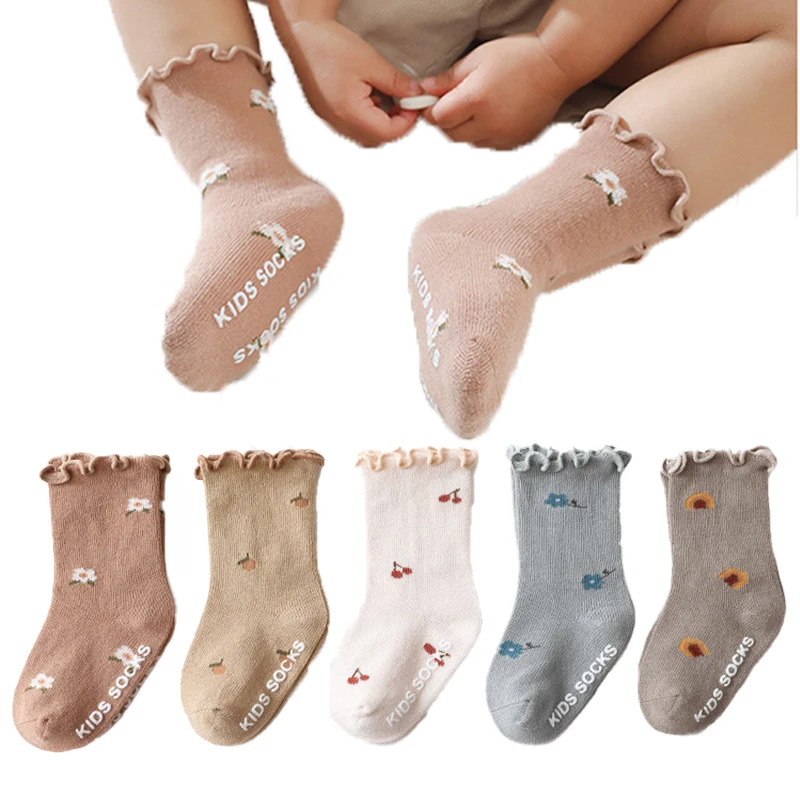 Floral Embroidery Fungus Edge Socks Newborn Baby Socks Cotton Knit Kids Knee High Socks for Toddler Girls Children Tube Socks