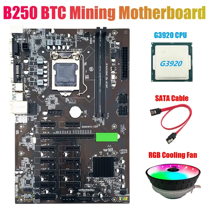 

Материнская плата для майнинга B250 BTC с ЦП G3920 + вентилятор RGB + кабель SATA 12 слотов для графической карты LGA 1151 DDR4 USB3.0 для майнинга BTC