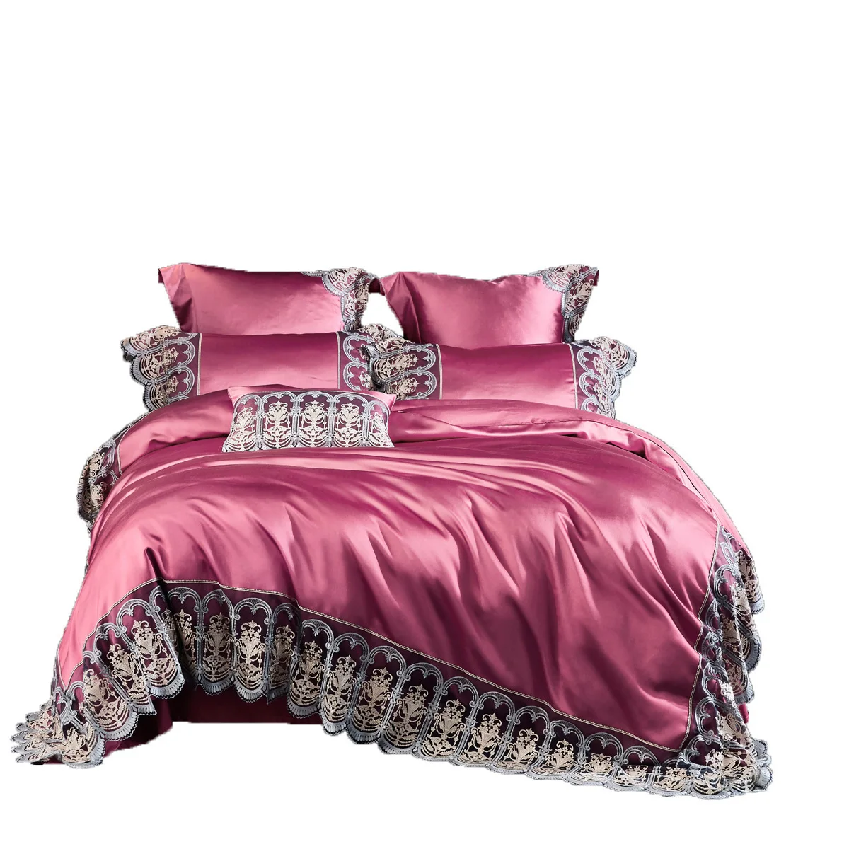

Italianate Style Luxurious Lace Embroidery Heavy Silk Cotton Bedding Set Duvet Cover Sheet Pillowcase King Queen 4 PCS