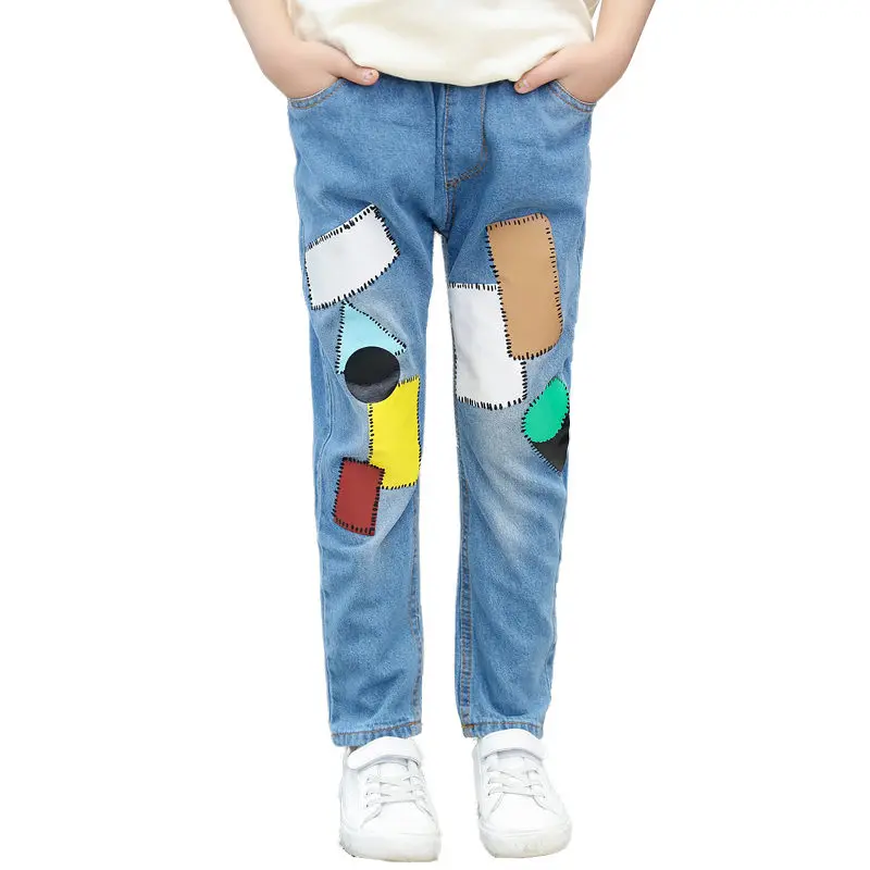 

New Fashion Girls Jeans Children Denim Jeans Kids Geometric Pattern Pants Teenager Casual Trousers Girl Clothing Spring Autumn