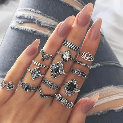 

jewelry jewelry trend retro hollow lotus 15-piece set ring black gem joint set ring women fashion rings rings for women Fashion
