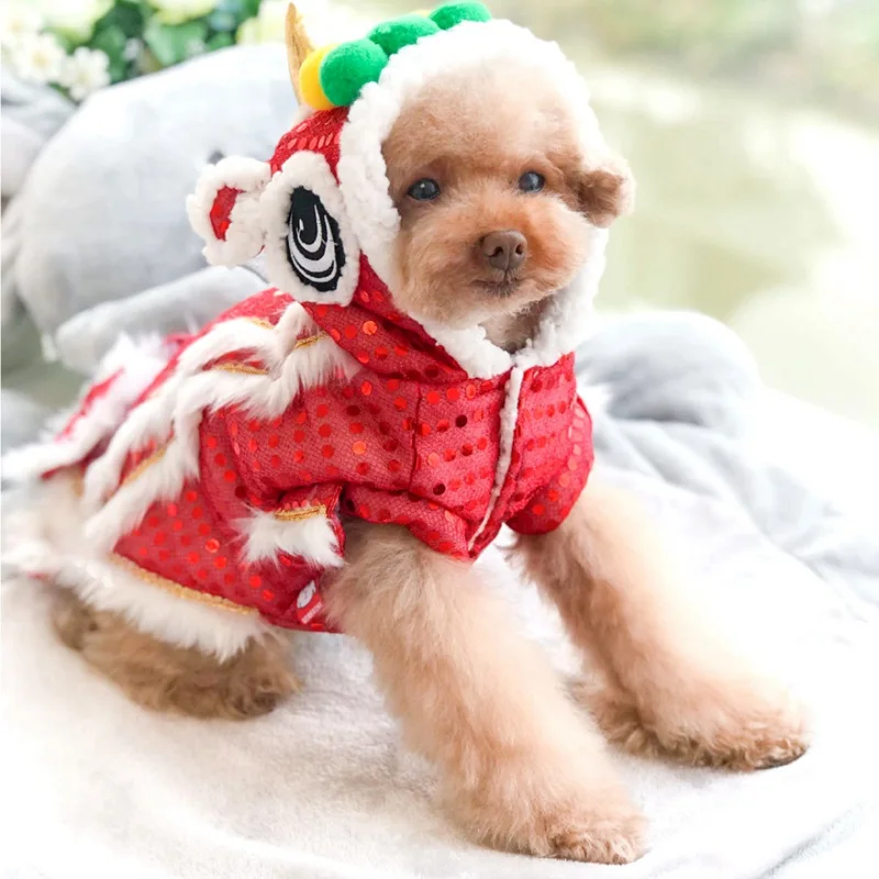Новогодний красный желтый костюм с блестками для питомцев китайский танцев