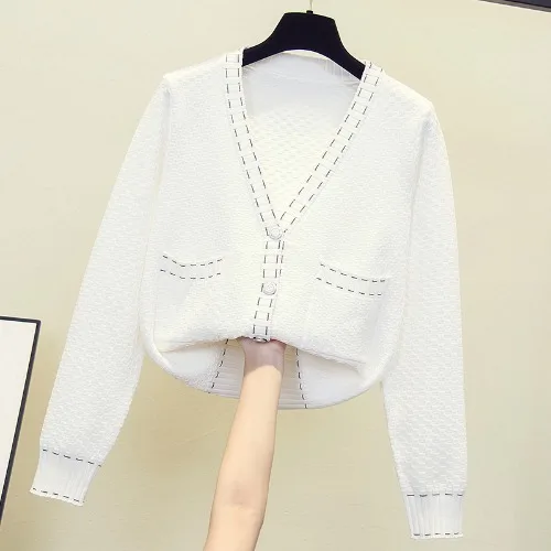 

Early Autumn Knitted Cardigan Top New Casual Large Size Black White V Neck Pockets Loose Slimming Solid Color Sweater Coat