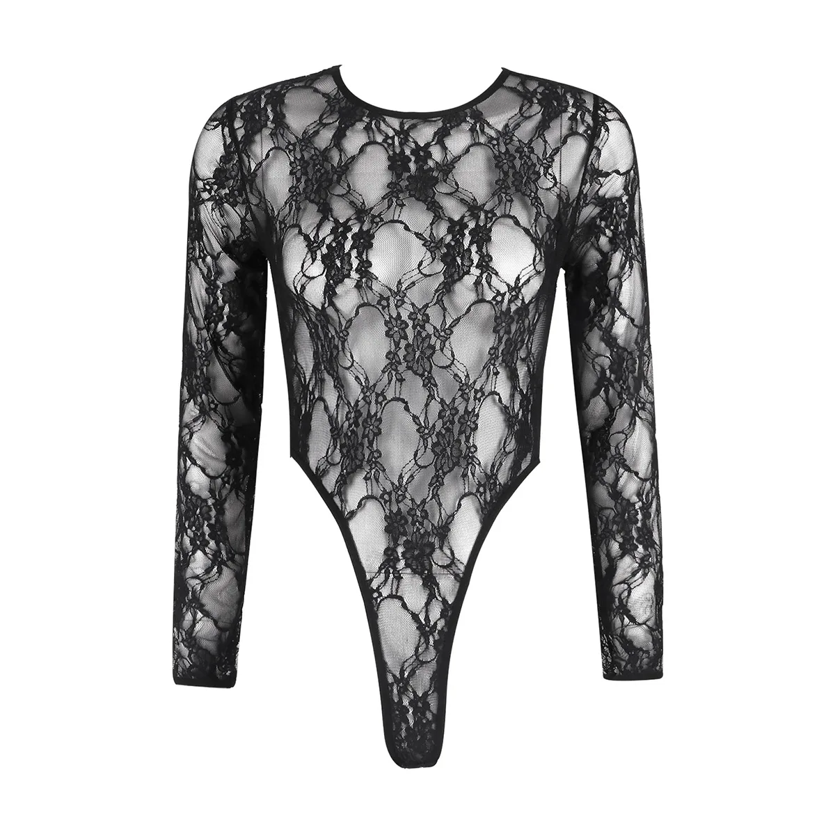 Модное женское кружевное сексуальное боди с длинными рукавами Прозрачный