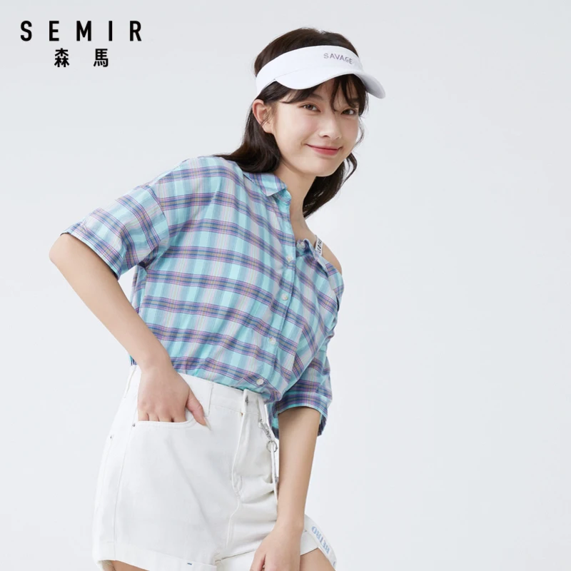 SEMIR Women short-sleeved shirt 2021 new oblique shoulder off-the-shoulder sexy contrast check loose | Женская одежда