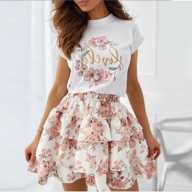 

Letter Print Skirt Sui Women Two-piece Loose Summer Casual Round Neck Short-sleeve Flower Elastic Waist Pleated Cake Skirt Suit