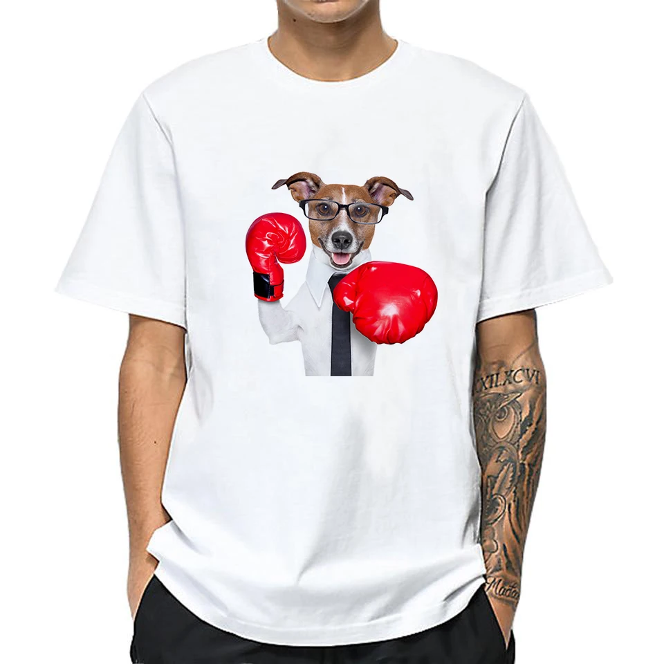

Men's 2021 2D Print Tee Round Neck Short Sleeve White T-shirt Boxing Dog and Fitness Work Out Cat Printed Causal Top for Men