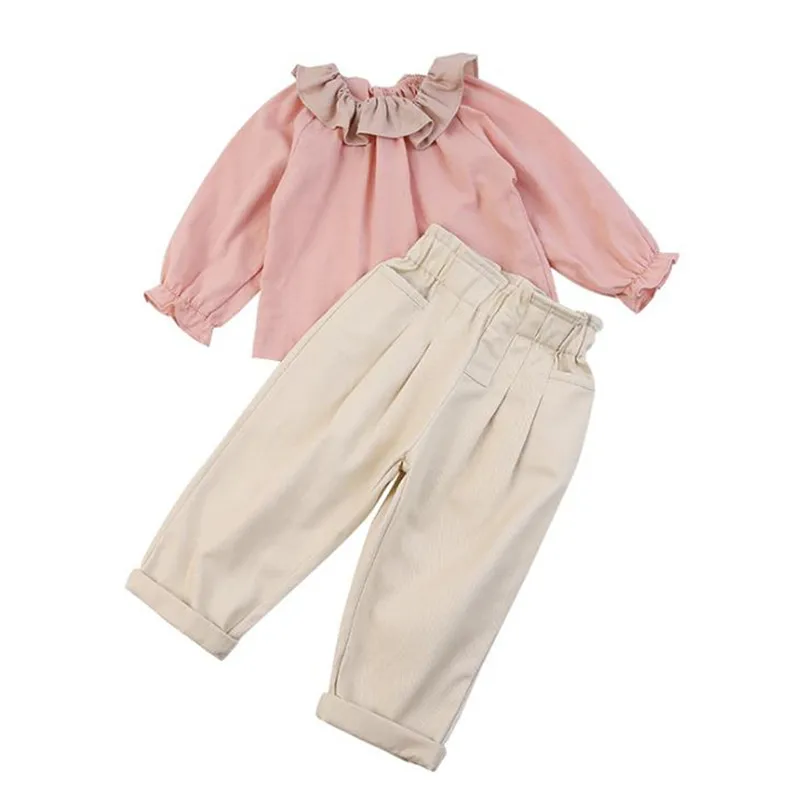 

DFXD/комплекты осенней одежды для девочек 2020, однотонные топы с длинными рукавами + прямые штаны с высокой талией, комплект из 2 предметов, комп...