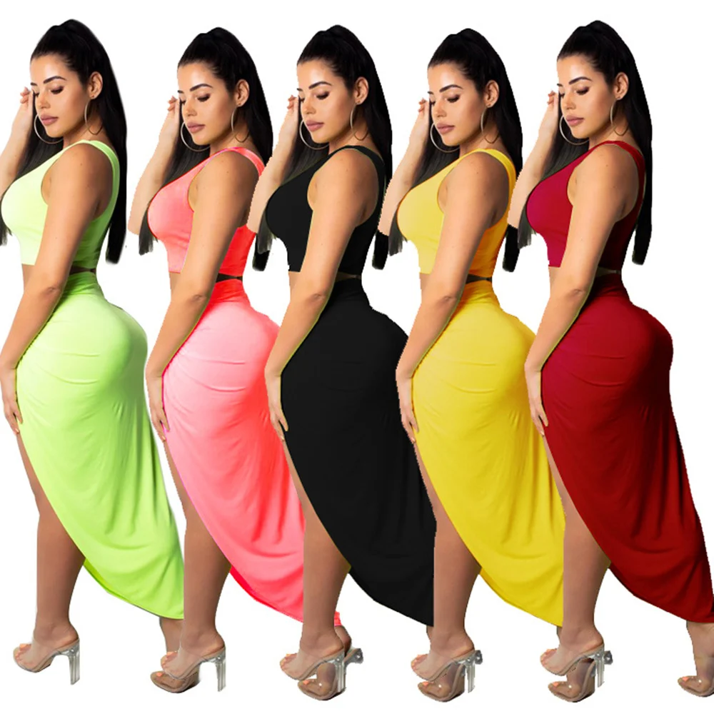 

European sexy solid casual women's suit summer fashion one shoulder sleeveless top and long skirt two piece set