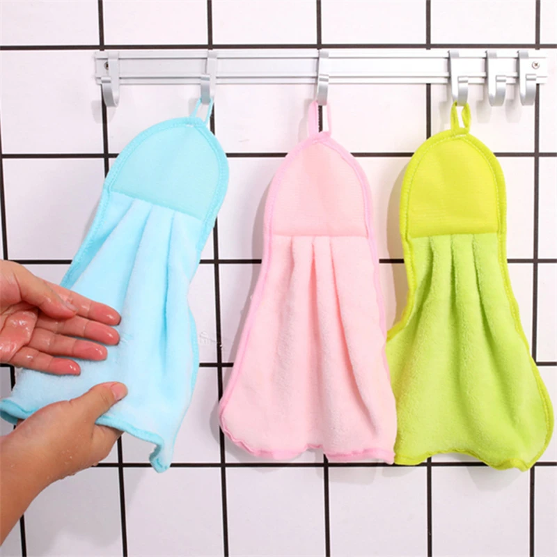 

1Pcs Kitchen Hanging Towel Coral Fleece Solid Color Soft Absorbent Bathroom Hand Towels Microfiber Household Cleaning Cloth