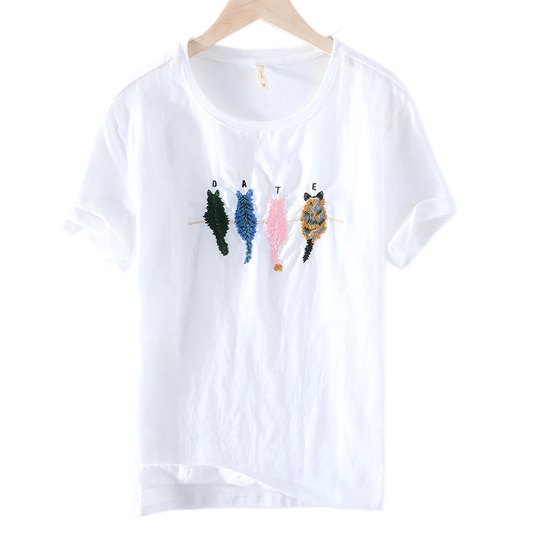 

Graphic T Shirts Men Summer New Cotton Linen Basic Tees O-Neck Fashion Embroidery Casual Tops Short Sleeve Kawaii Clothing