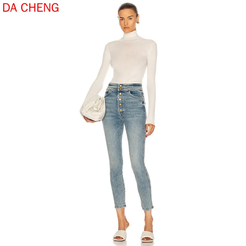 

Early Spring New Matte Gold Button Front High Waist and Ankle Pants Jeans Retro Blue Mom Jeans Mujer Pantalones Cargo Pants