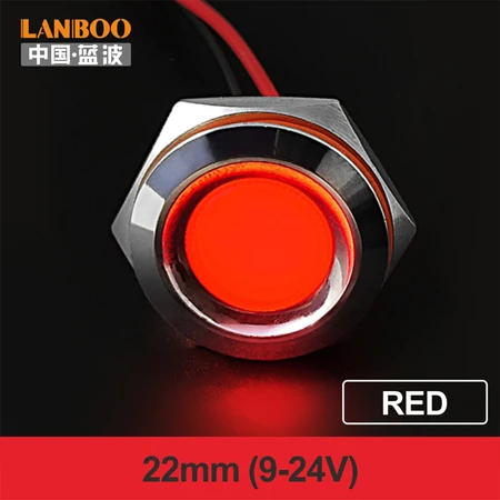 22mm-Red(9-24V) LANBOO 16 мм, 19 мм, 22 мм, красный, зеленый, желтый, синий, 12 В, 24 В, 110 В, 250 В, светодиодный металлический индикатор, лампа, индикатор, светильник, одна лампа, водонепроницаемая - Цвет: 22mm-Red(9-24V)