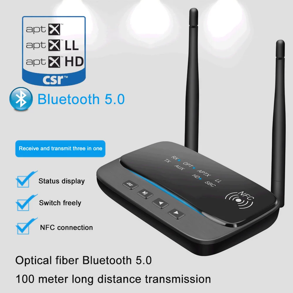 

80m Bluetooth 5.0 Audio Transmitter Receiver NFC Bypass aptX LL HD Wireless Adapter SPDIF AUX 3.5mm For PC TV Pair 2 Headphones