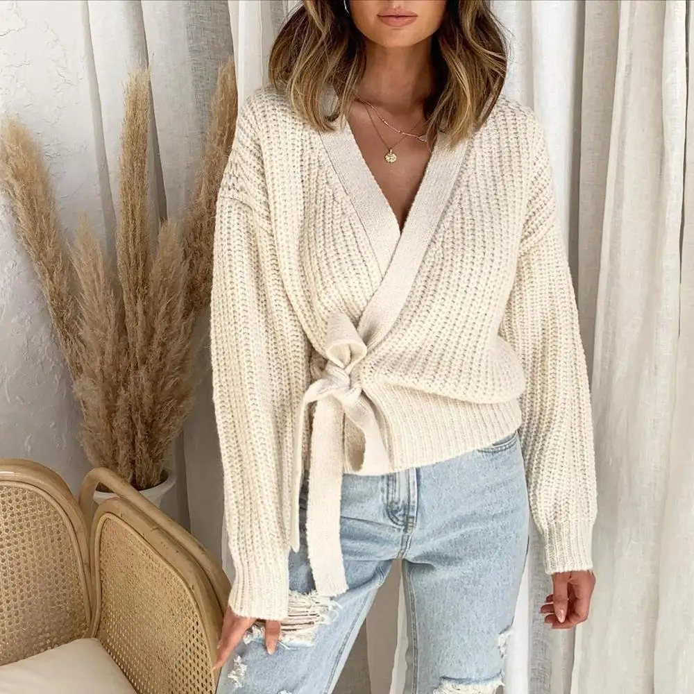 

Женский свитер с V-образным вырезом SHZQ, Модный повседневный вязаный пуловер с кружевом, короткий свитер на осень и зиму