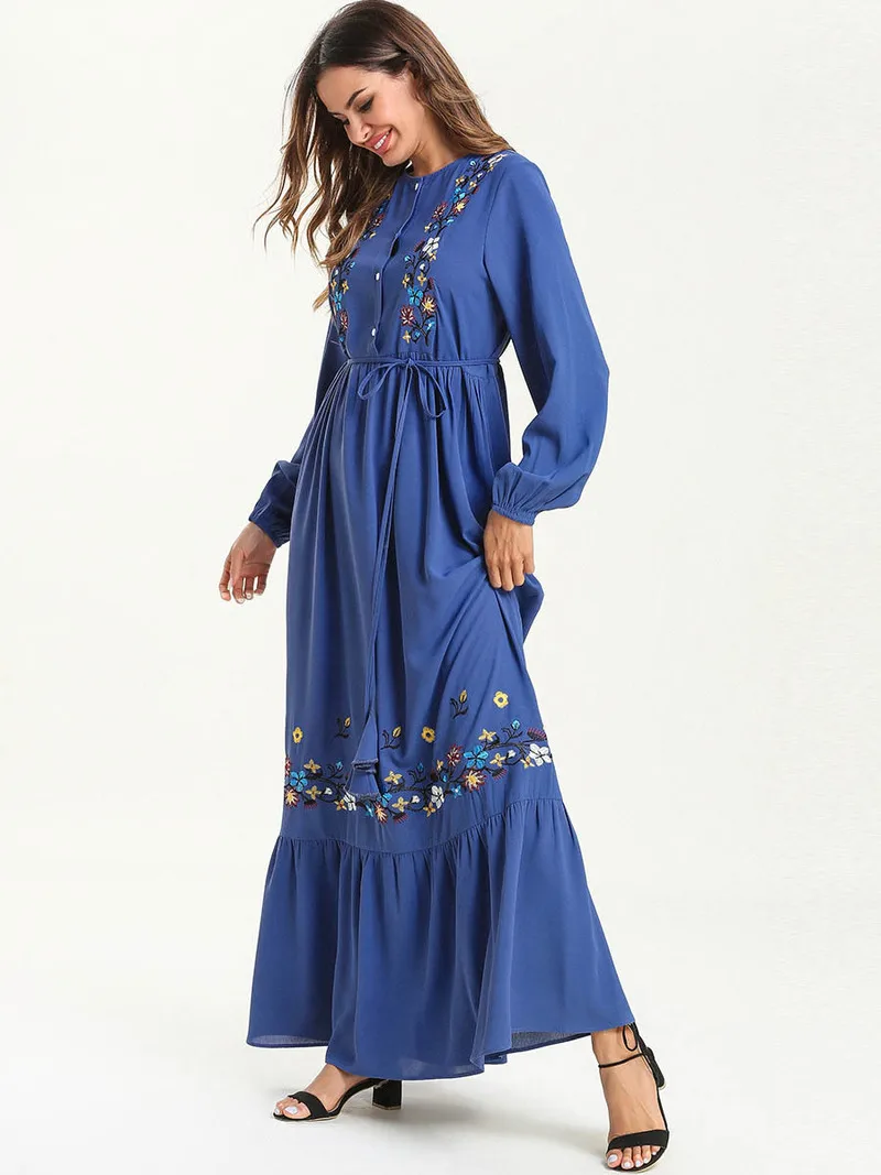 

Women Flower Button Abaya Muslim Long Maxi Party Dress Dubai Gown Kaftan Robe Ramadan Pleated Arab Islamic Dresses O-Neck 2019