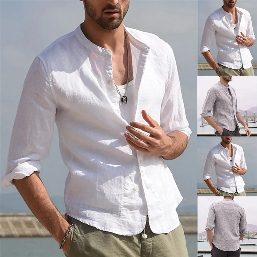 Mandarin Collar Mens Shirts Men Three Quarter Vintage Linen Solid Short Sleeve Retro Tops Blouse Dress Shirt | Мужская одежда