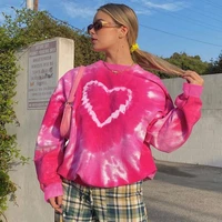 2021 women tie dye sweater pullover heart printed y2k sweet girl streetwear casual loose pink kawaii long sleeved pullovers top