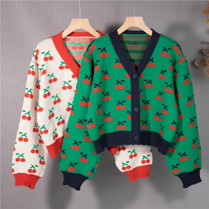 

2021 Fashion V-Neck Cherry Cardigan Women Jacket Clothes Vinage Knit Cropped Sweaters Tops Loose Pull Femme Korean Sueter Mujer