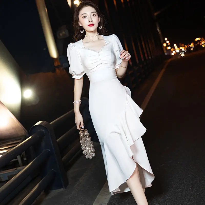 

Women's 2021 new trendy temperament feminine skirt waist slim fishtail white dress