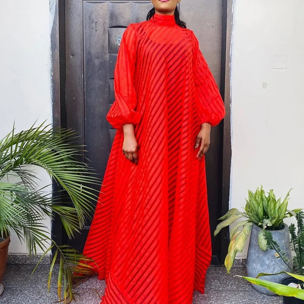 

Plus Dress Spring Autumn New Loose Simple Thin Lantern Sleeve Stand-up Collar Red 2021 Long Maxi Dress Robe Vestiods African