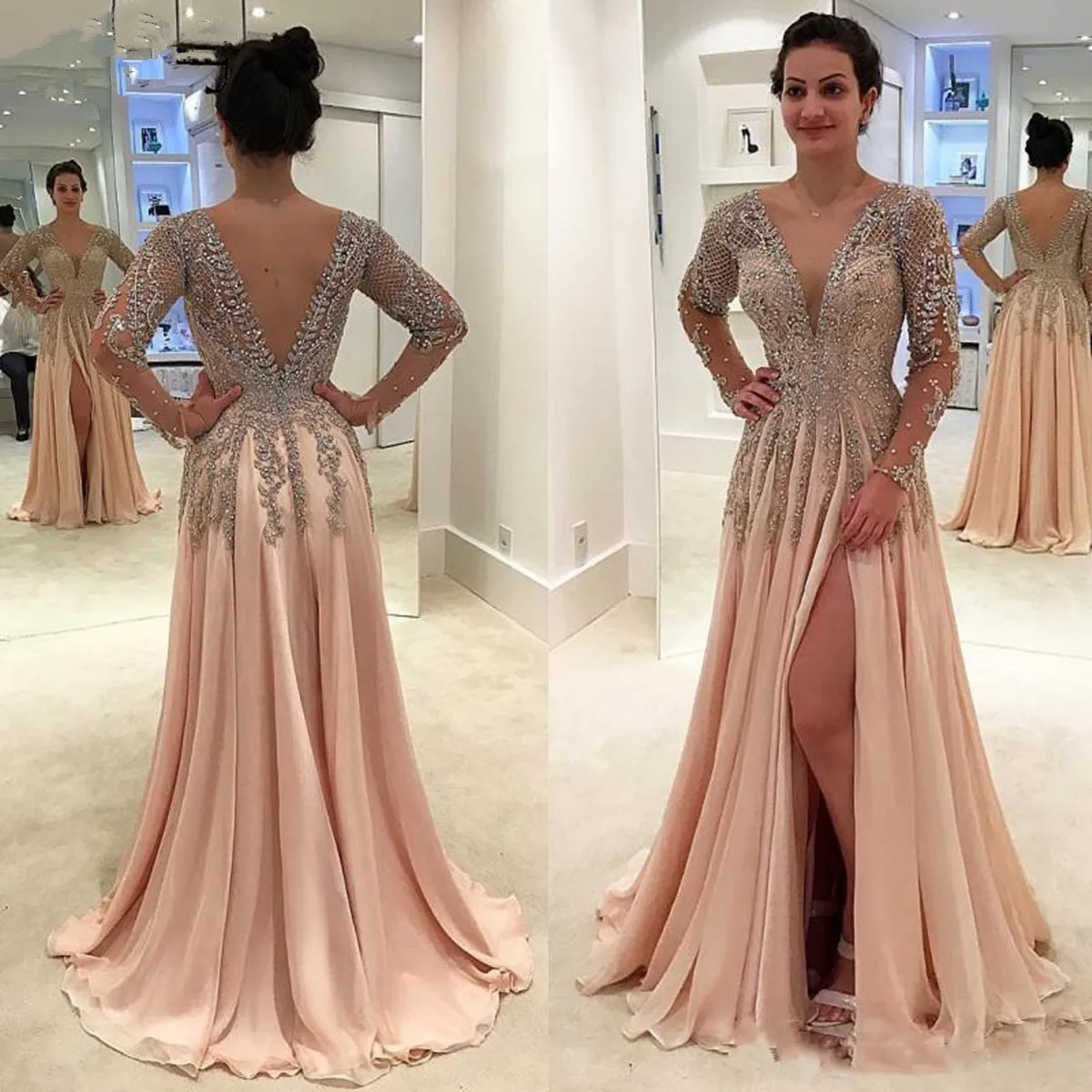 

Party Wear Deep V Neck Side Split Gorgeous Crystals Beaded Long Prom Dresses Evening Gowns Chiffon Long Sleeve Formal Dress