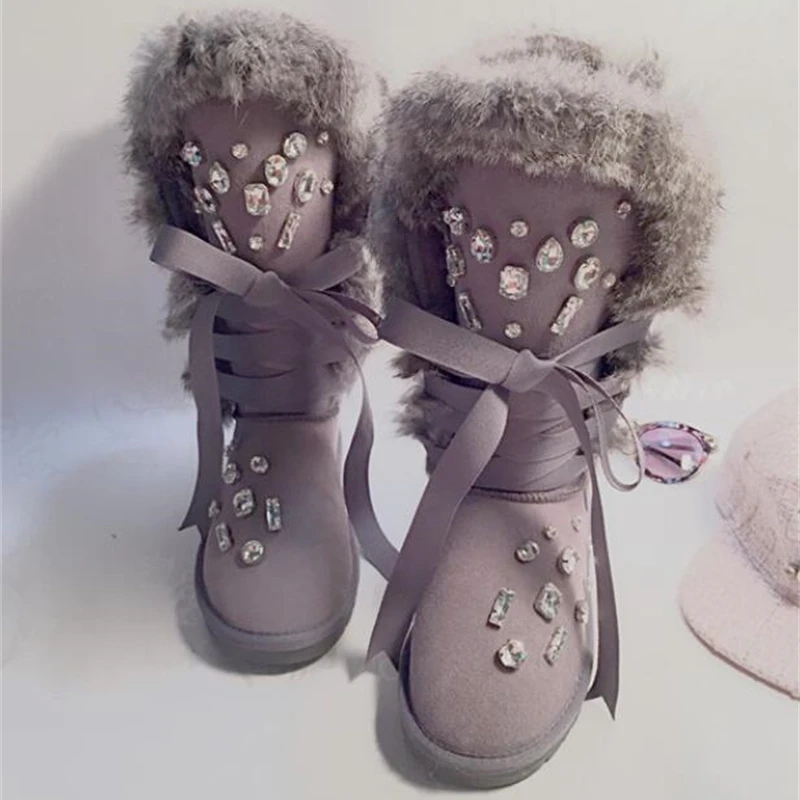 

2019 Winter Handmade Large Rabbit Gemstones Sequins Raise Thick crust Leather Snow boots Women