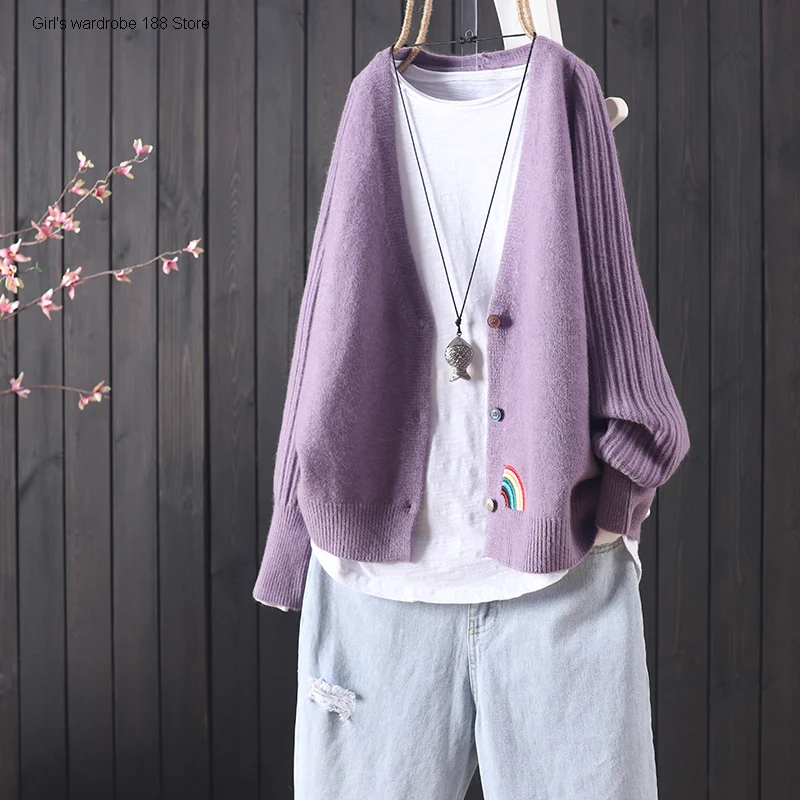 

New autumn solid color embroidery versatile short knitted cardigan female sleeve button sweater coat
