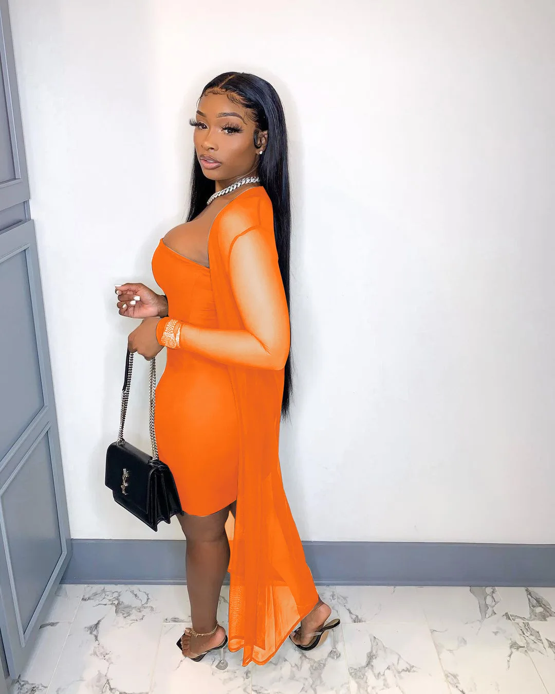 

Nightclub Style Fashion Women's Clothing Sexy Net Gauze Perspective Wrapped Chest Short Mini Tight Fitting Two Piece Set Party