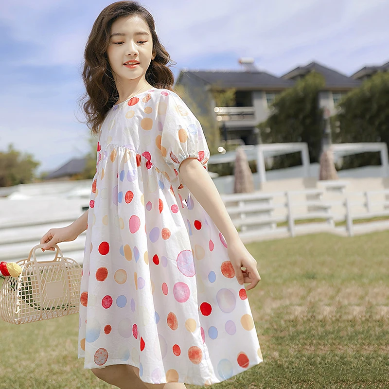 

Teenage girls pure cotton casual skirt 2021 summer new style children loose cute polka dot princess costume fashion