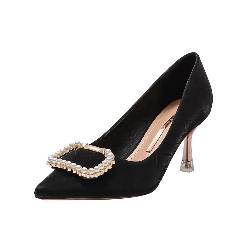 

European And American Grid Square Buckle High Heels Stiletto Heel All-Match Rhinestone Pointed Toe Single Shoes Womens Autumn