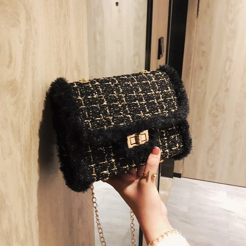 

Chain Women Handbags Fashionable Wild Winter Luxury Handbags Women Designer Small Women Messenger Bags Wool Bolsa Feminina