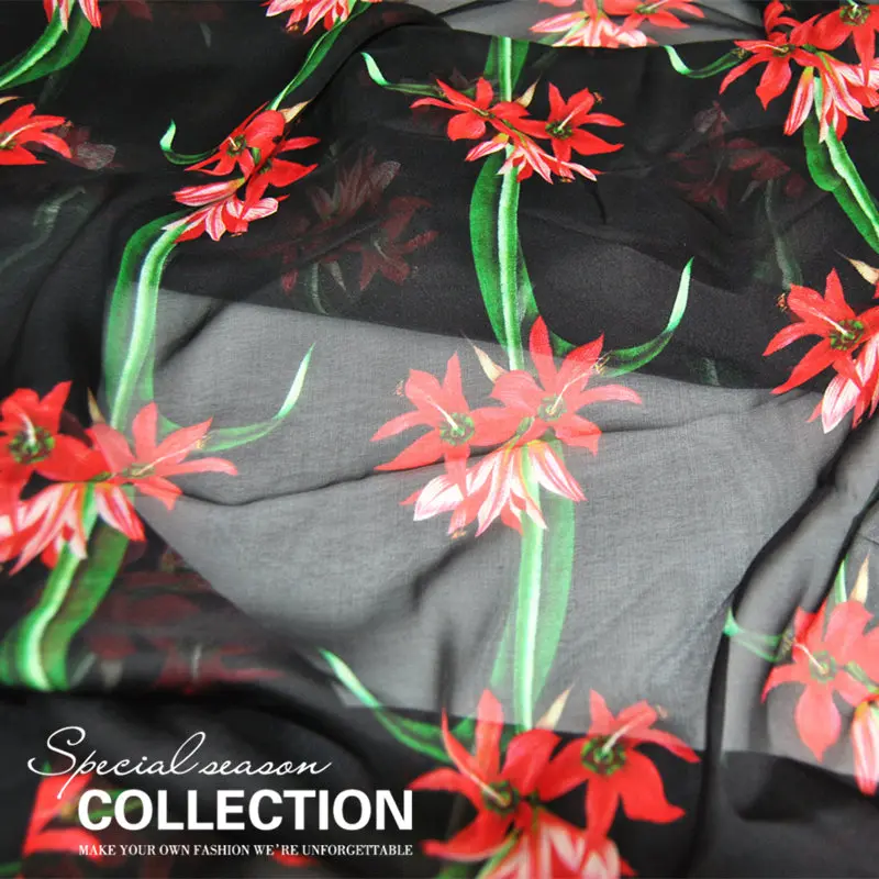 

Silk Chiffon Fabric Dress 8-momme Black Vertical Stripe Flower 100% Real Spring Summer Thin Dress Cloth DIY Sewing Tissue